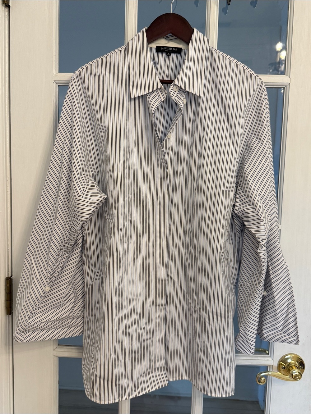 LAFAYETTE 148 Women's White Striped Wide Sleeve Button Down Shirt Size L
